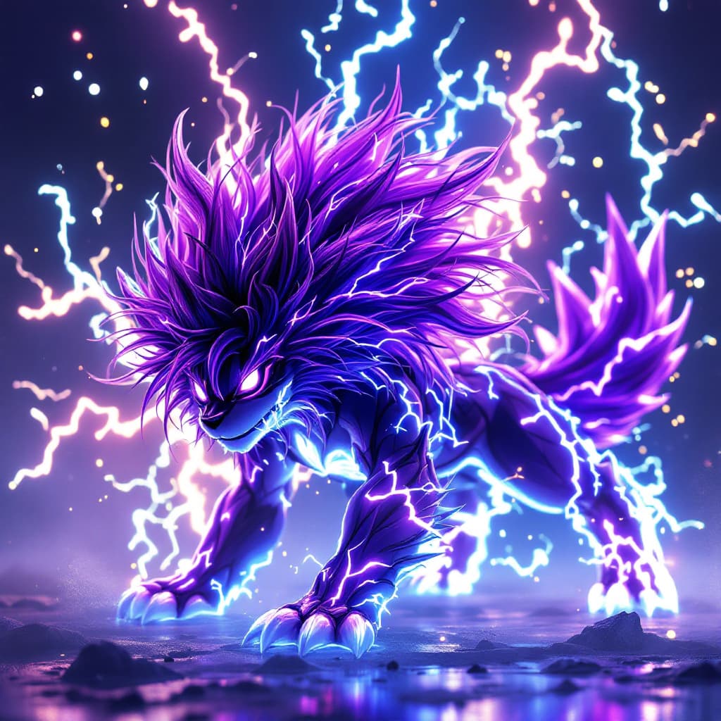 AI generated: A full wide view of the mythical Pokémon "Raikou" filled with bioluminescent lit lightning, purple m...