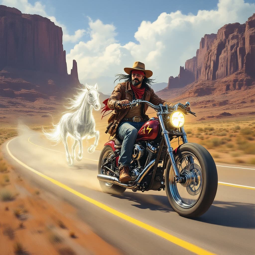 AI generated: "A breathtaking and surreal painting set in a wide-open desert landscape, featuring a lone biker rid...