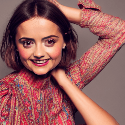 AI generated: Image of Jenna Coleman, smiling, red blush, colourful, beautiful, elegent, smooth skin, nice, female...