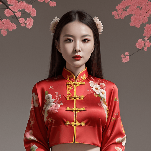 AI generated: chinese red blouse, in the style of dreamy and romantic compositions, floral explosions --ar 24:37 -...