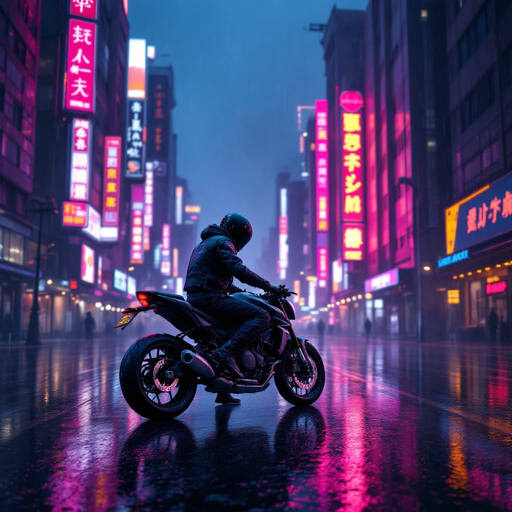 AI generated: kaneda poses at his motorcycle in a Rainy cityscape with neon lights, cyberpunk, futuristic building...