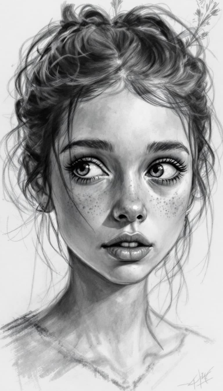 AI generated: Girl, charcoal sketch, wondering, 