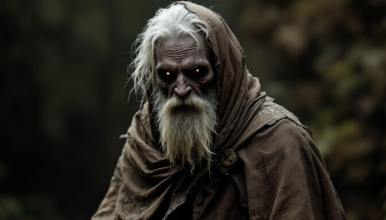 AI generated:  The Old Man (emaciated, dark skin, hollow eyes, white beard, tattered brown cloak with ancient symb...