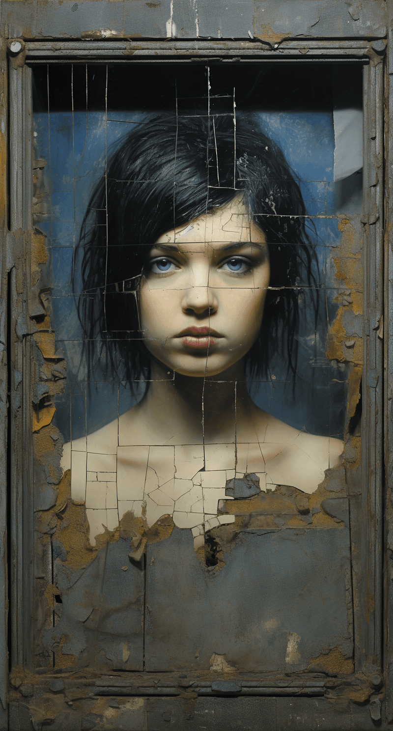 AI generated: a painting of a young girl in an old window painted graffiti, black hair, in the style of baroque sc...