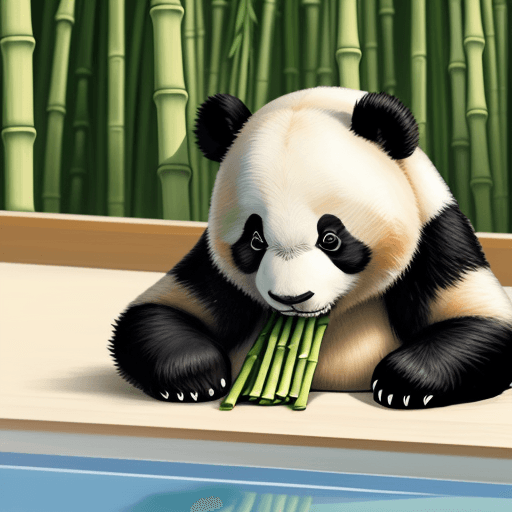 AI generated: a little panda eating bamboo near the pool