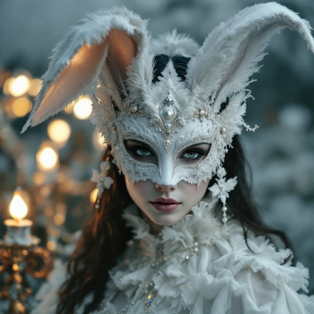 AI generated: photo portrait of a woman wearing a white Venetian Rabbit Mask, in the style of moody neo-noir, look...