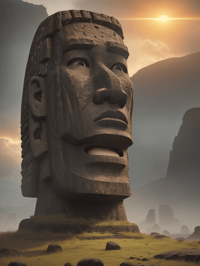 AI generated: Photo of a ultra realistic moai, one of the famed, giant stone, dramatic light, pale sunrise, cinema...
