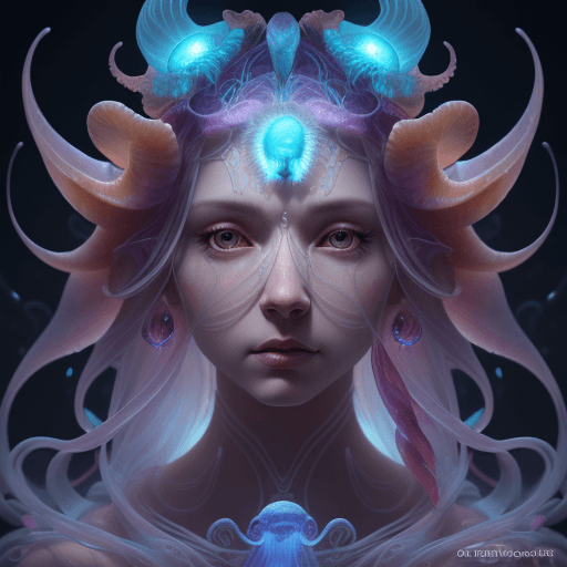 AI generated: Goddess close-up portrait ribcagel. jellyfish phoenix head, nautilus, orchid, skull, betta fish, bio...