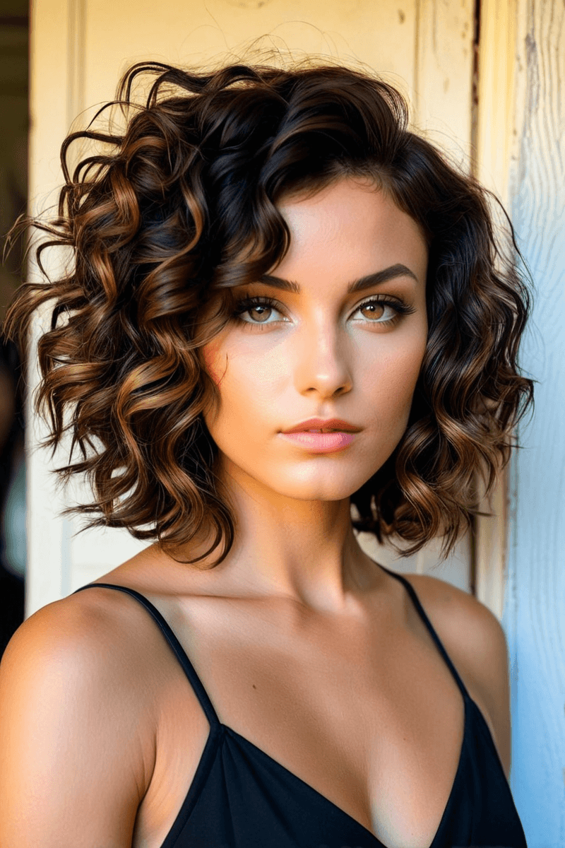 AI generated: Medium close-up, photograph of, a woman with short curly brunette hair with dark roots, crazy and al...
