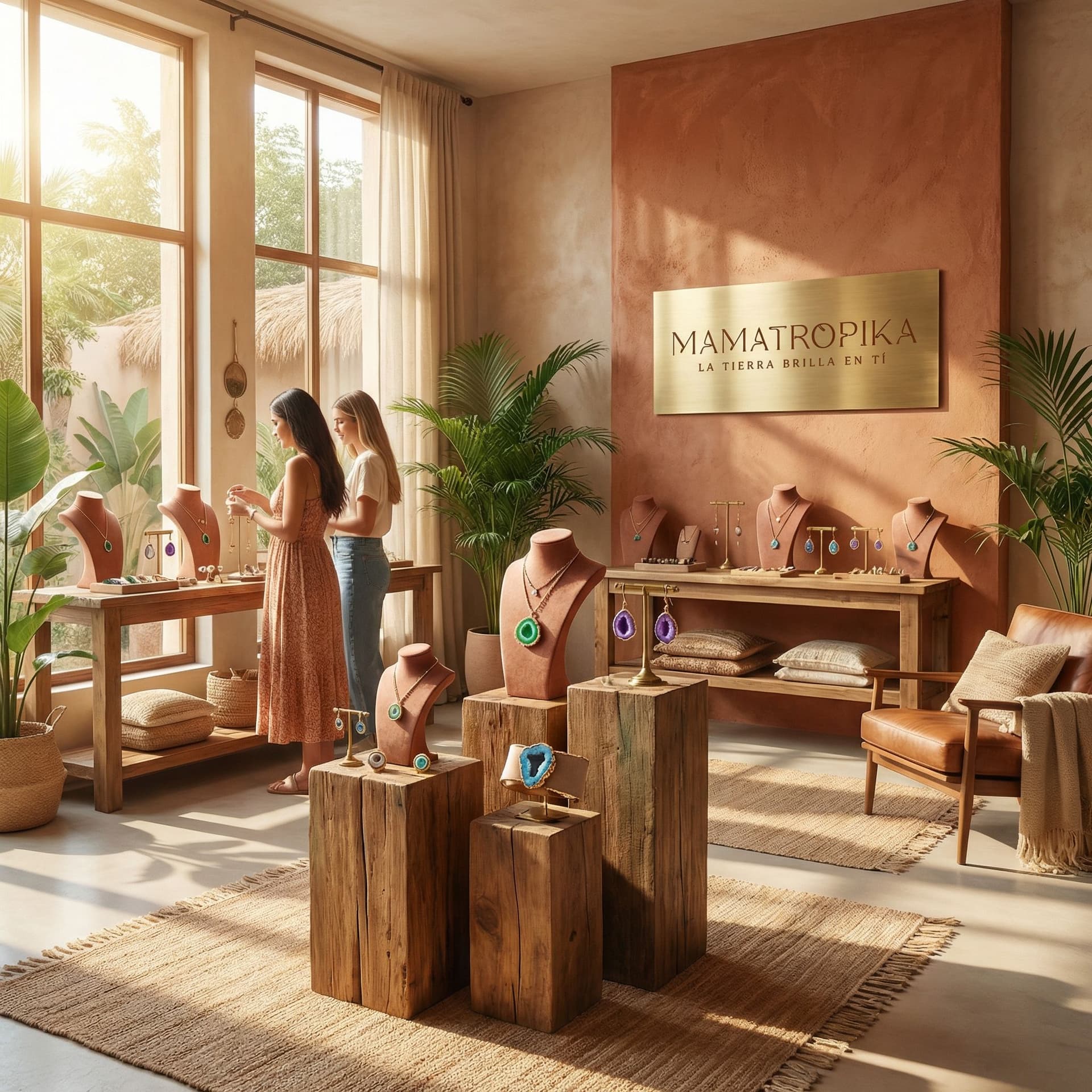 AI generated: Creame un showroom para exponer y vender joyas hechas de piedras naturales, geodas y ágatas con meta...