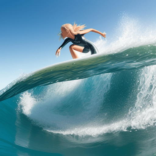 AI generated: a female surfer, swimming into de water