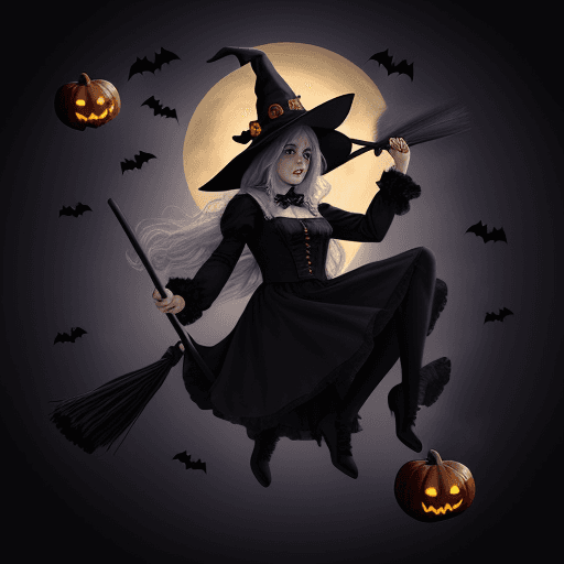 AI generated: black cat with black eyes, serious look, in halloween hat, background with witches on broomsticks fl...