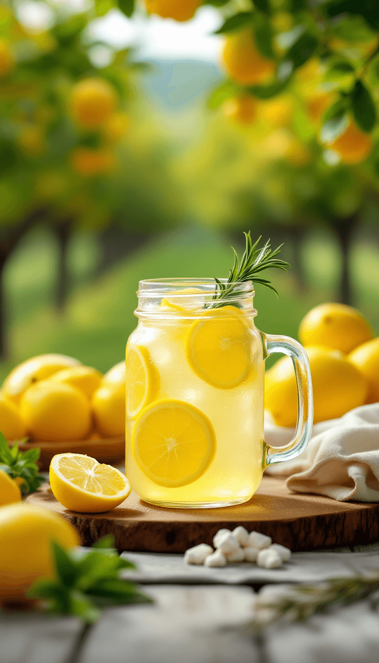 AI generated: a mouth - watering shot of a tangy lemonade, served in a mason jar with slices of fresh lemon and a ...