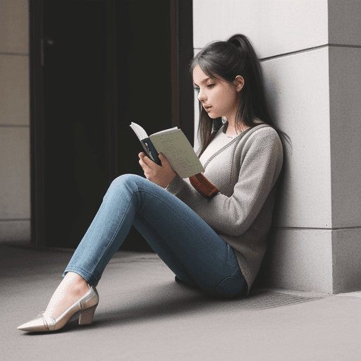 AI generated: girl sitting and reading something on the phone, full body
