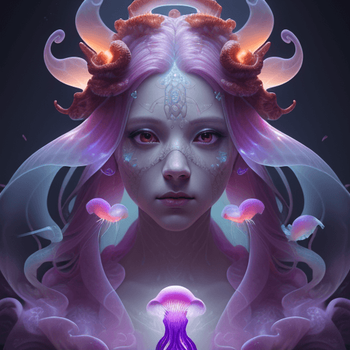 AI generated: Goddess close-up portrait ribcagel. jellyfish phoenix head, nautilus, orchid, skull, betta fish, bio...