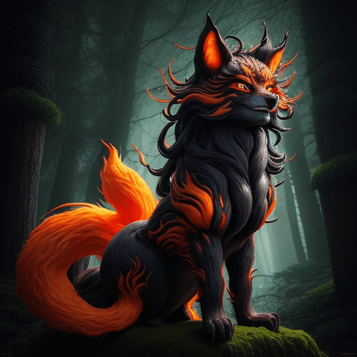 AI generated: In a dark, mystical forest, Kurama, the mighty nine-tailed fox demon, stands majestically on an anci...