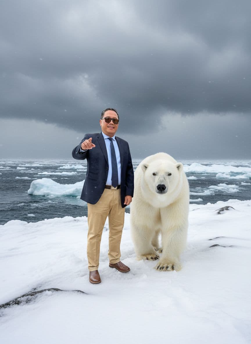 AI generated: A vast, snowy landscape with a polar bear walking alongside a man (image provided) The man pointing ...