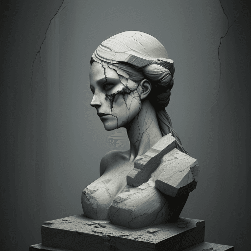 AI generated: broken woman represented by a stone statue breaking apart in the style of an eerie digital painting,...