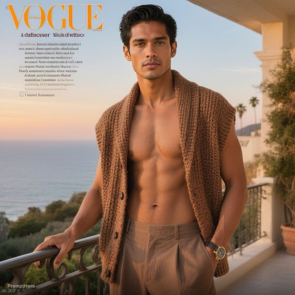 AI generated: A handsome male model with tan skin and black hair, wearing an open brown sleeveless cardigan over h...