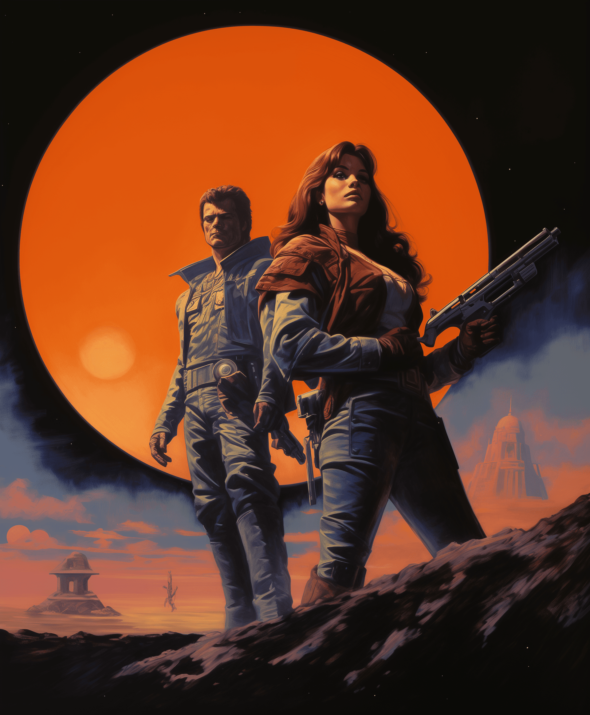 AI generated: A woman in red pants and black boots holding two laser guns, standing on the left side of an alien p...