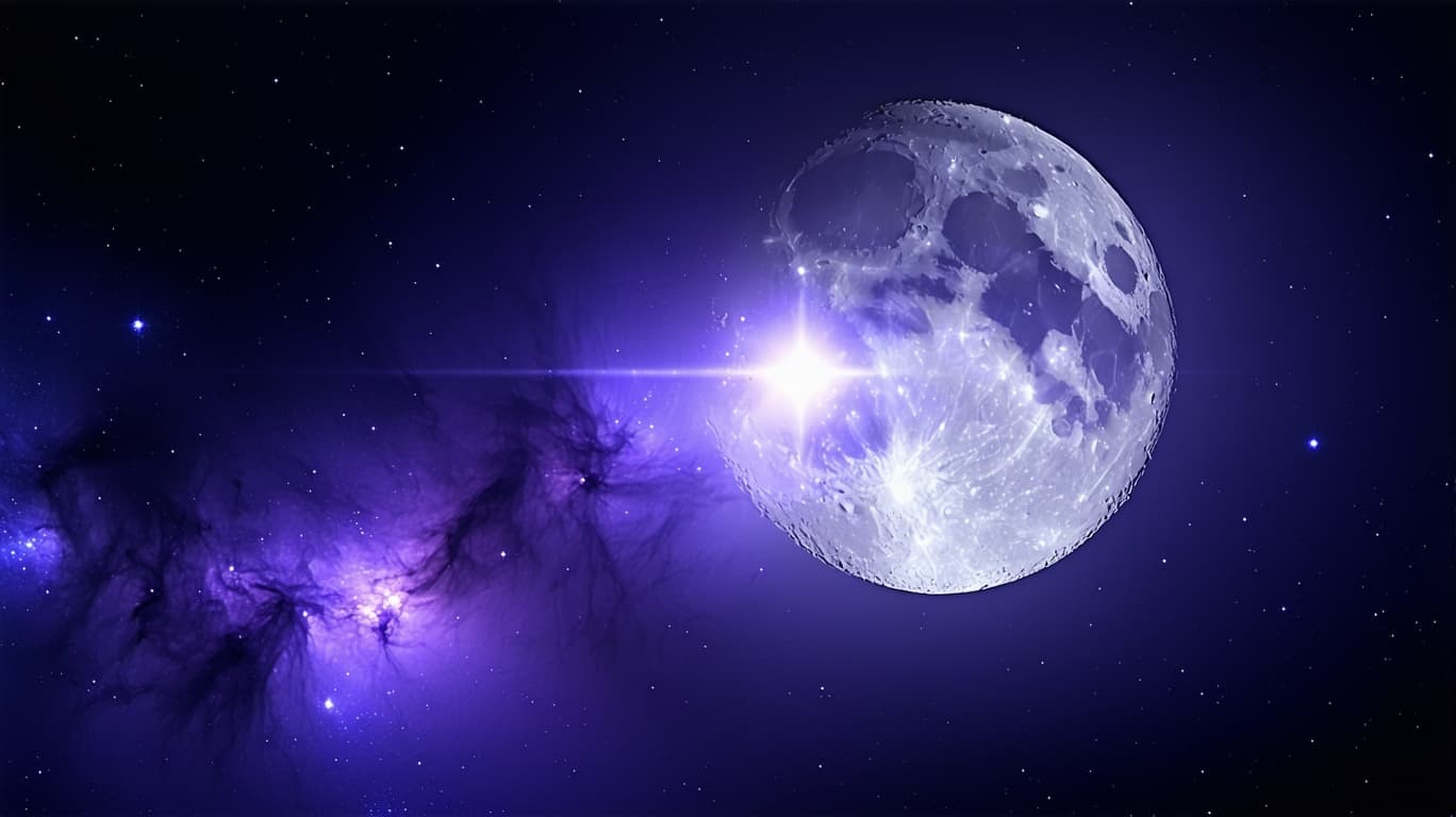 AI generated: YouTube thumbnail, 16:9, graphic design. Dark space/galaxy background in violet–indigo with soft neb...