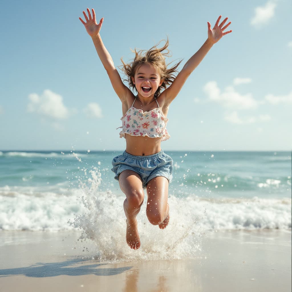 AI generated: 14 years old girl in beach jump
 
 