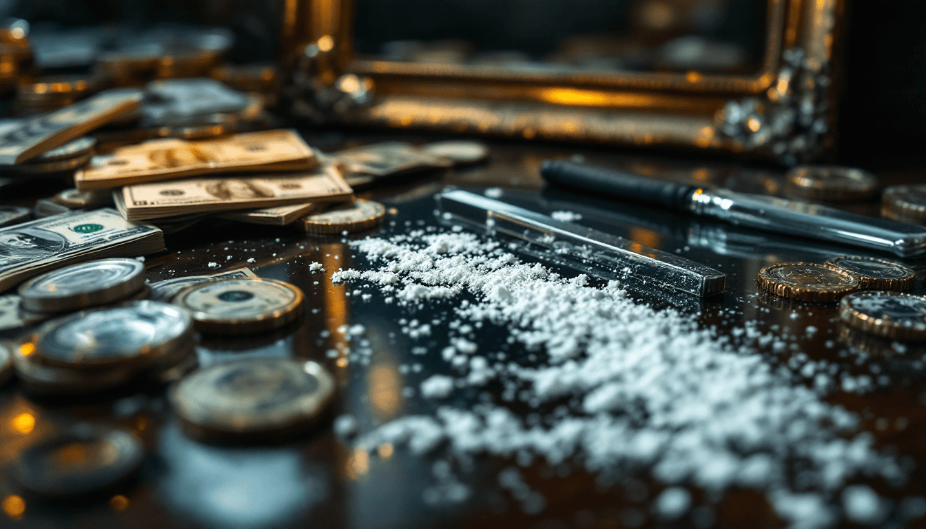 AI generated: A photorealistic image of a table in a drug house with cash money and files of cocaine.  There are s...