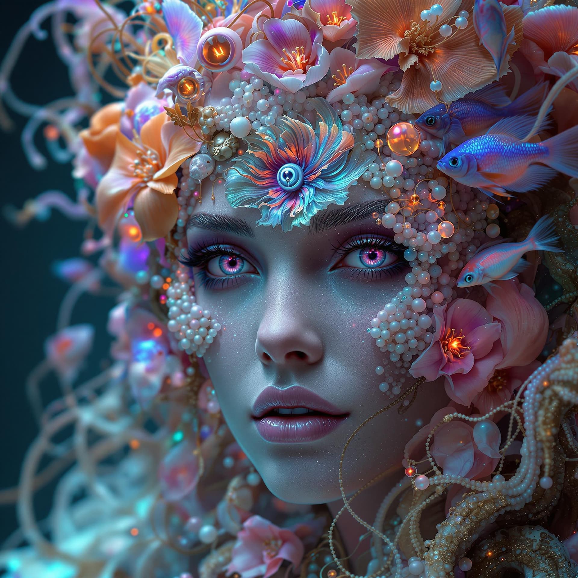 AI generated: Goddess close-up portrait ribcagel. jellyfish phoenix head, nautilus, orchid, skull, betta fish, bio...