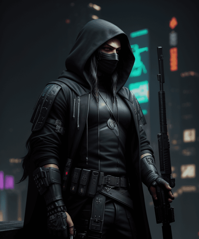 AI generated: Cyberpunk, robin hood, heavy pistol, stylish, masked, dark clothes, black long hair, male, kapiszon,...