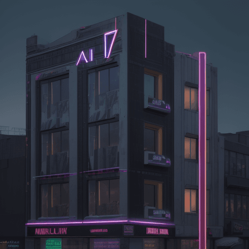 AI generated: photorealistic, building, front view, modern urban night, "A.I. GALLERY" text bracket signage, in ne...