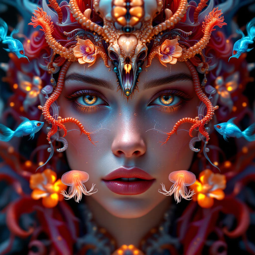 AI generated: Goddess close-up portrait ribcagel. jellyfish phoenix head, nautilus, orchid, skull, betta fish, bio...