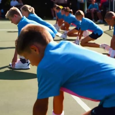 AI generated video: young tennis team stretching before match