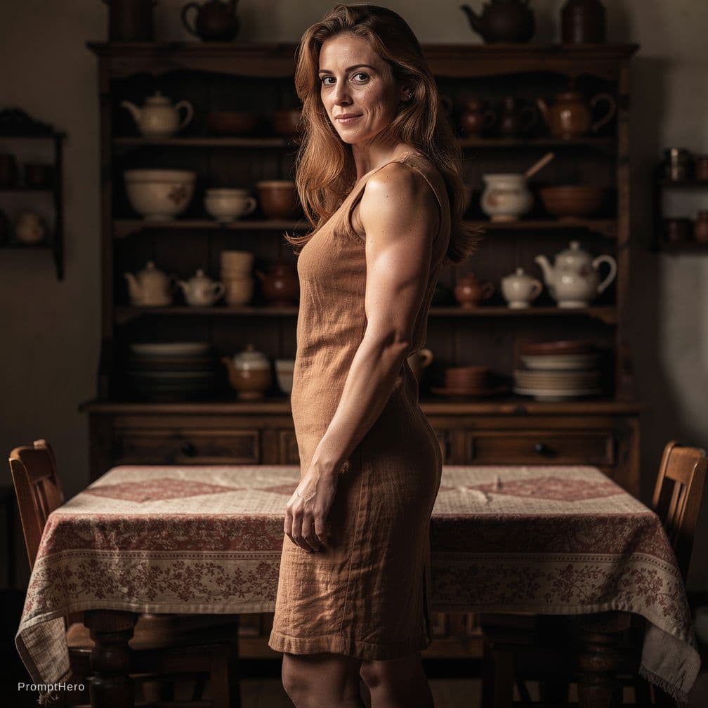 AI generated: Create a photorealistic image of a fit, naked adult woman standing infront of a table in an old-fash...