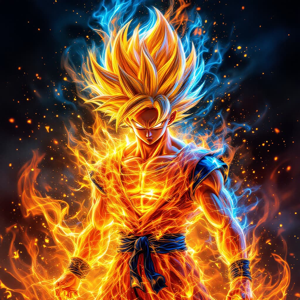 AI generated: Dragonball Z Goku transforms into Super Saiyan in incendiary display of fire enveloping bending to h...