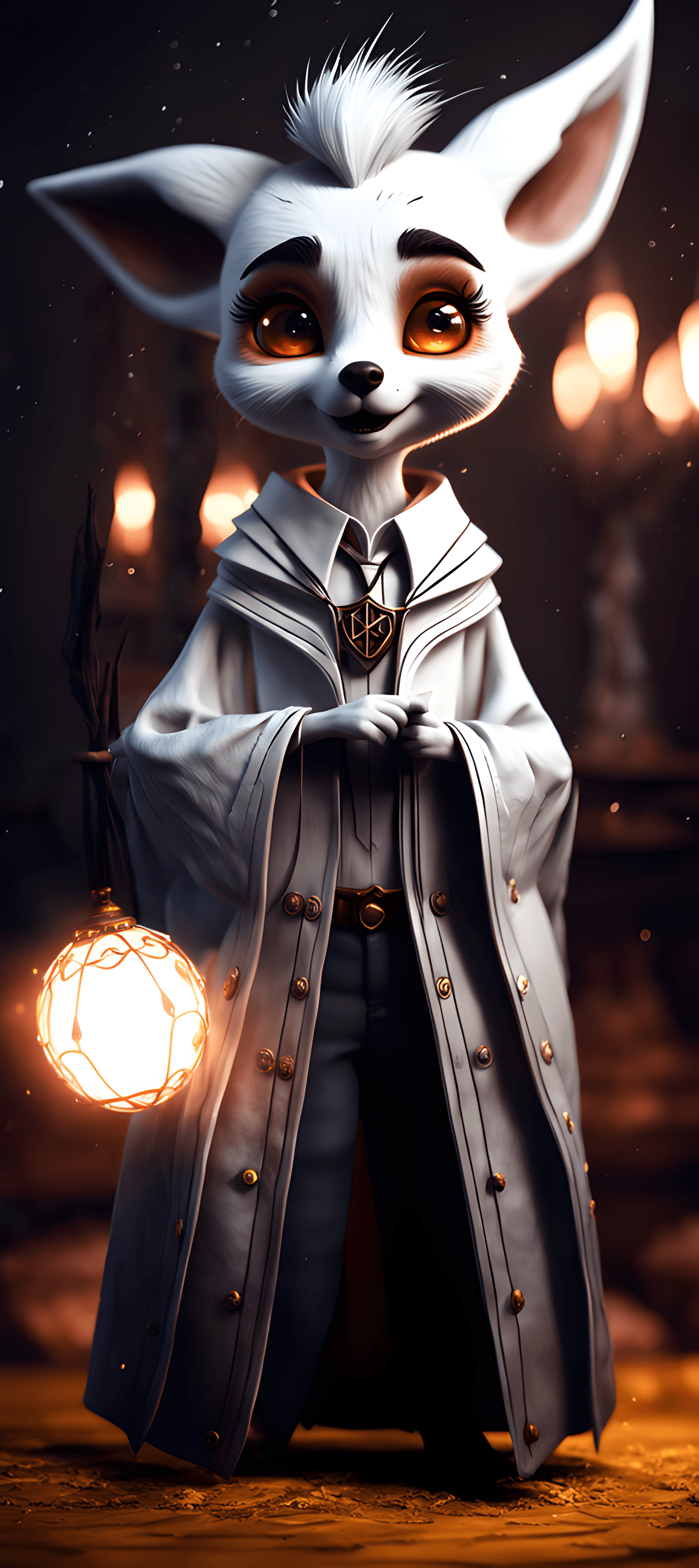 AI generated: cute white foxy magic harry potter style smiling funny comical set in hogwarts caricutre style, intr...