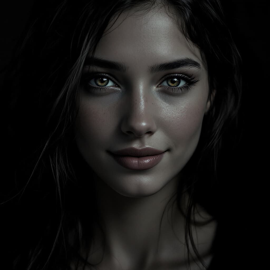 AI generated: 20-year-old woman, (highly detailed face:1.4) (smile:0.7) (dark background:1.3) <8k,hyper-realistic,...