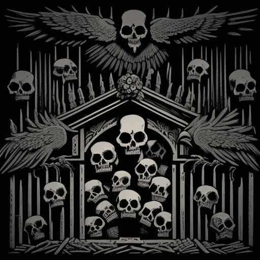 AI generated: wall of angry skulls and crows in a mausoleum, ossuary, woodcut style, death metal art, vangog