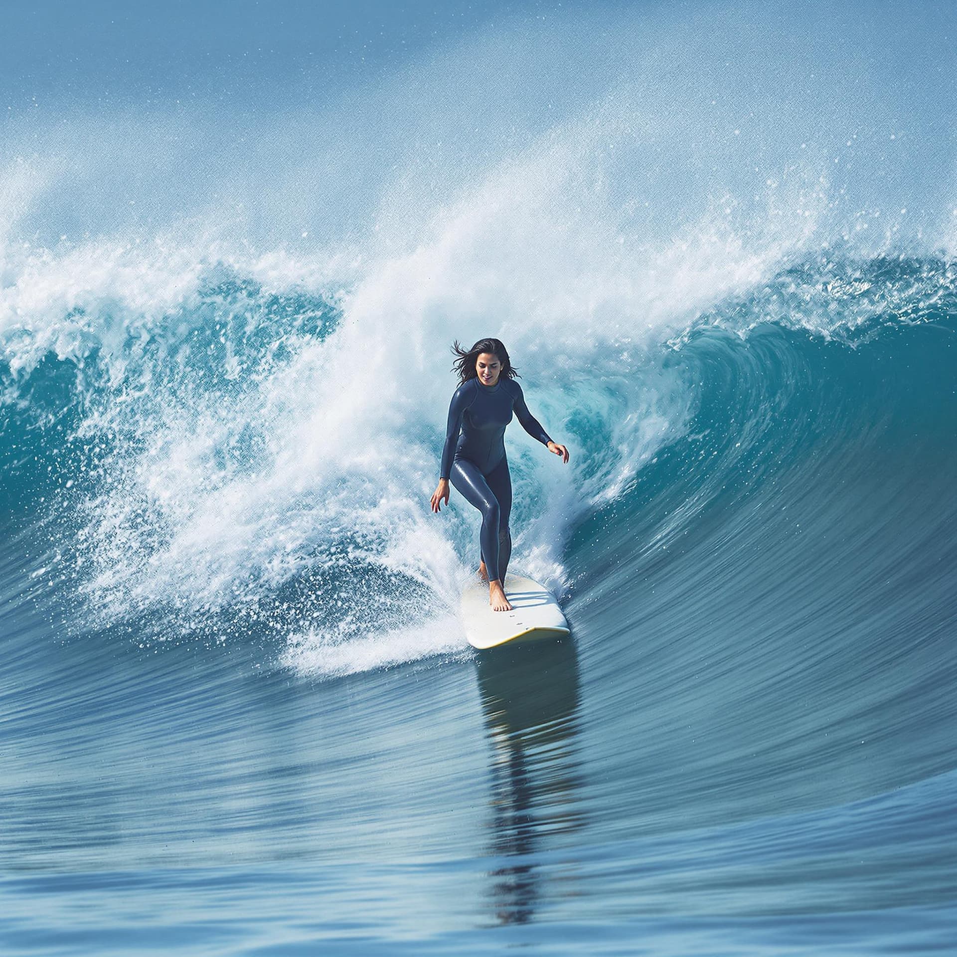 AI generated: The image features a Indian woman riding a wave on a surfboard. She is skillfully navigating the wav...