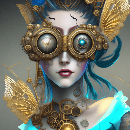 AI generated: 3d image of a steampunk woman, in the style of bella kotak, gold and cyan, tatto by random latin phr...