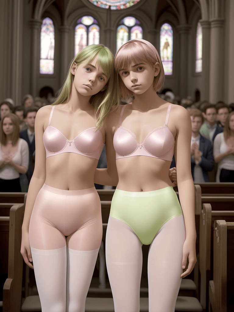 AI generated: 18 year old boy and girl standing together in a crowded church service wearing pink bra and white pa...