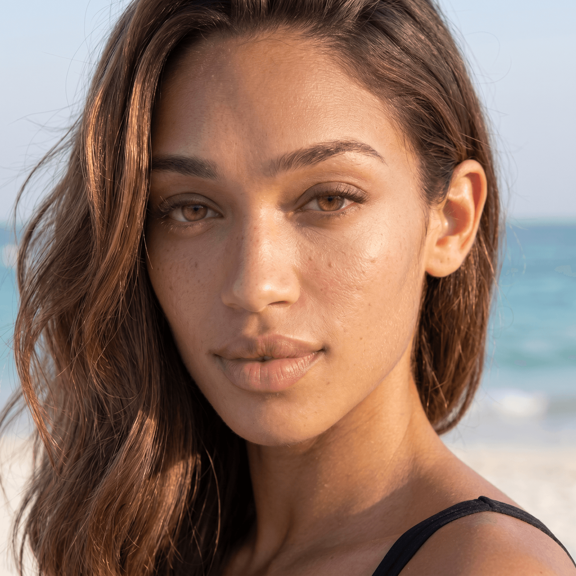AI generated: micro-texture detail visible on forehead chin and upper lip area, natural skin redness variation aro...