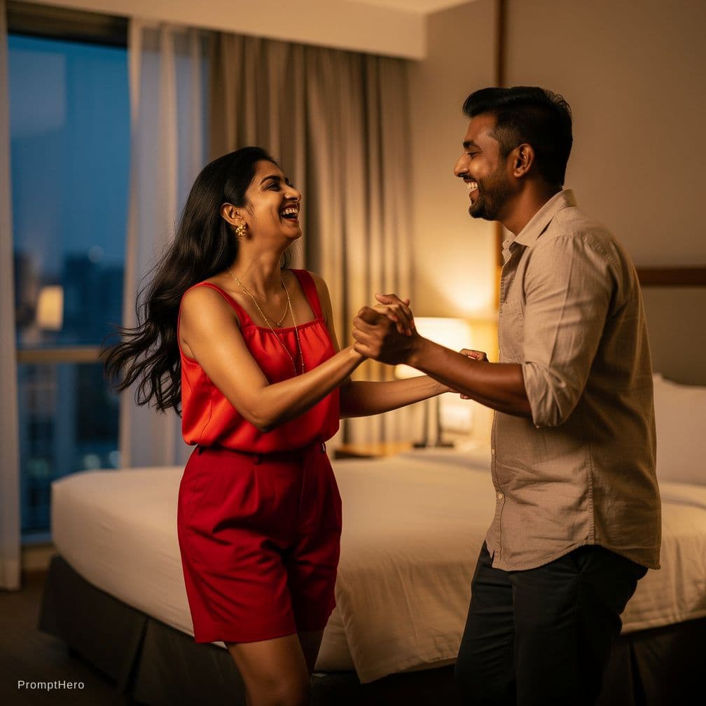 AI generated: Indian married aunty 36 years, wearing light red strapless top and red shorts, 34  bust size and she...