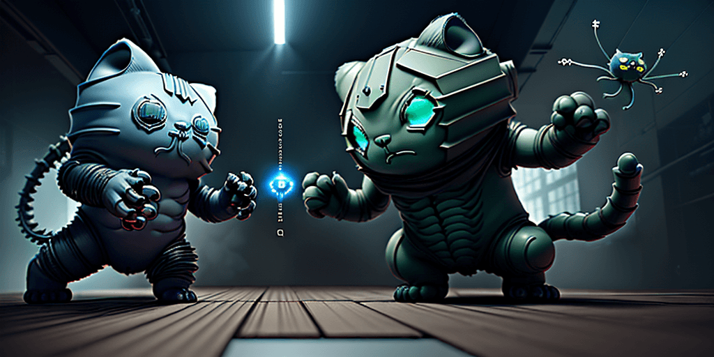 AI generated: ultra-high-resolution, battle between GitHulk and OctoCat. Include floating binary code and commit l...
