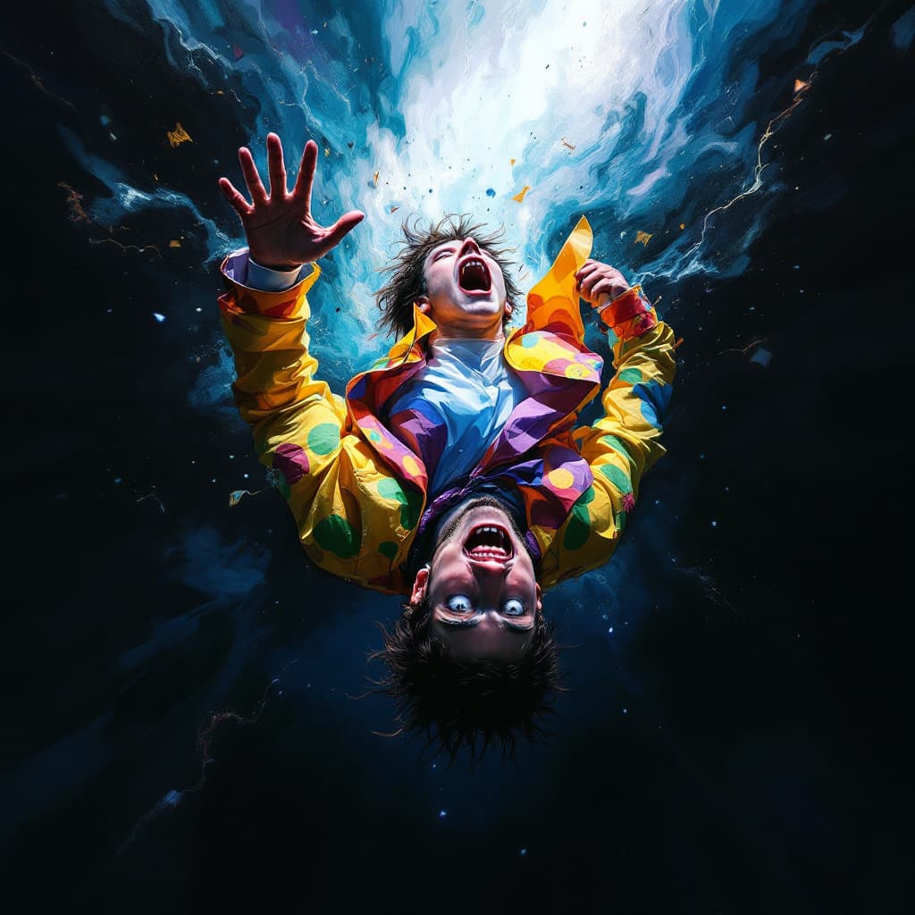 AI generated: A brightly dressed, fragile young man falling backwards into an endless dark void, expression filled...