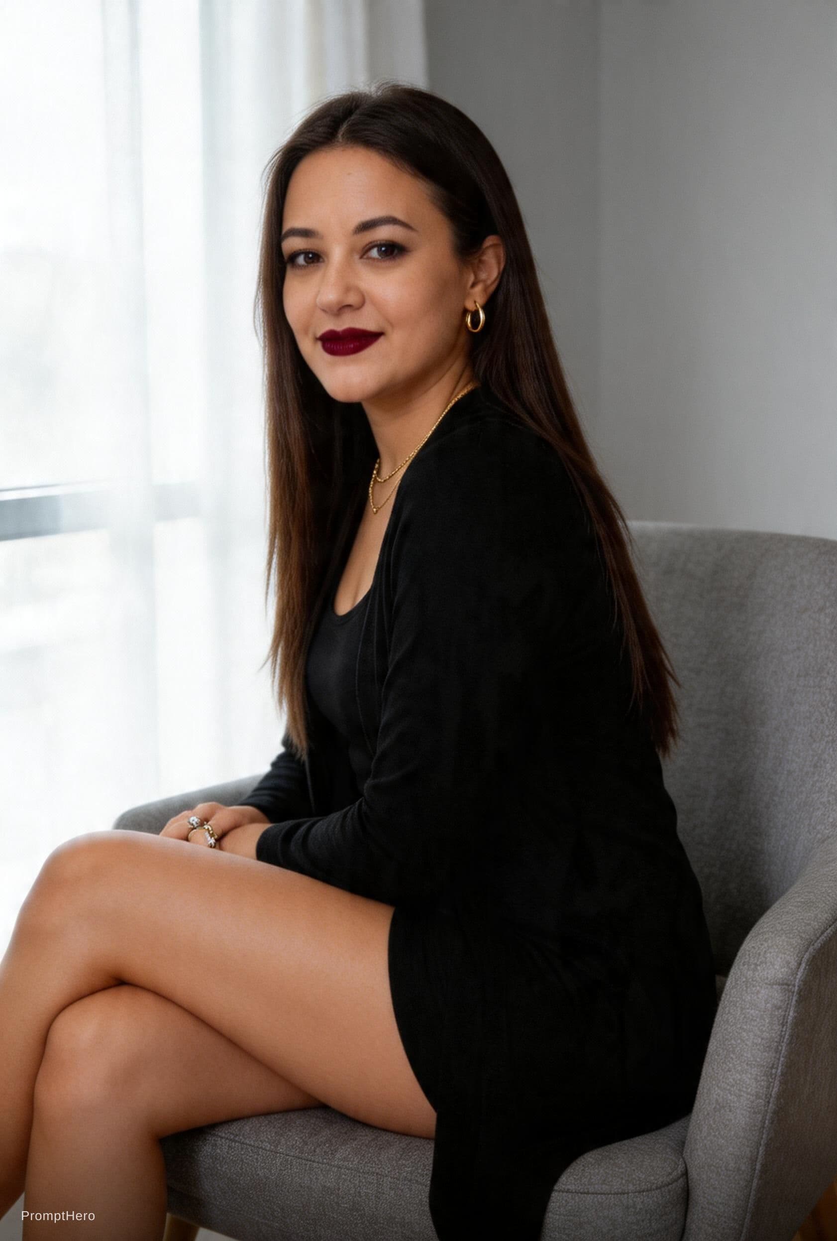 AI generated: Young Brazilian woman with long straight dark brown hair, light brown skin, dark red/burgundy lips, ...