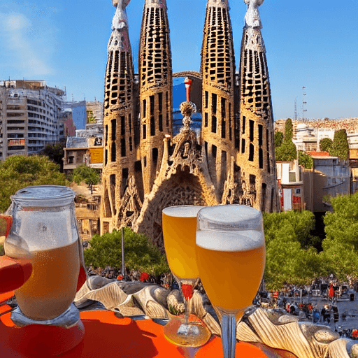 AI generated: Barcelona skyline, SAGRADA FAMILIA ,Mahou, sun and beach, orange, yellow and red colors, terrace wit...