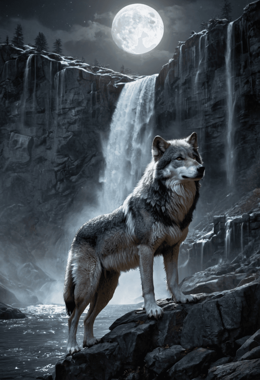AI generated: realistic,highres,a massive wolf standing on a cliffside, the moonlight accentuating the wolves fur,...