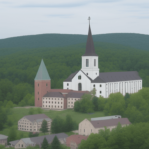 AI generated: Small Midwest town with Catholic Church and nearby convent. Many hills and very wooded. 