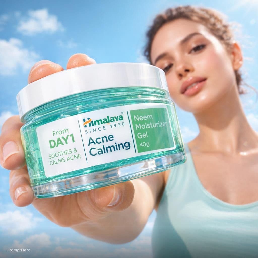 AI generated: A trendy skincare campaign photo shot from an extreme low angle, close-up perspective of a young wom...