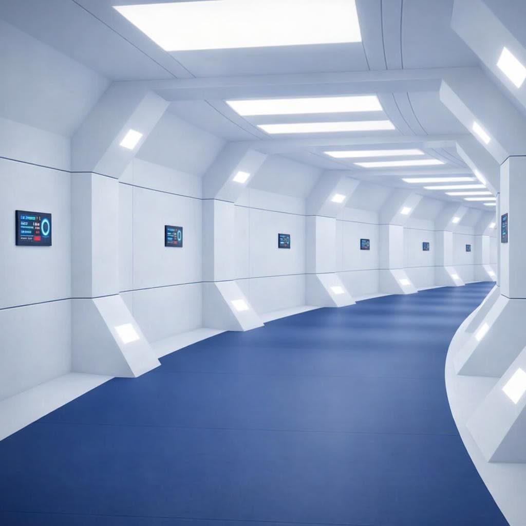 AI generated: Show the corridor passageway curving to the left.